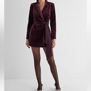 Velvet Long Sleeve Open Back Tie Waist Blazer Romper